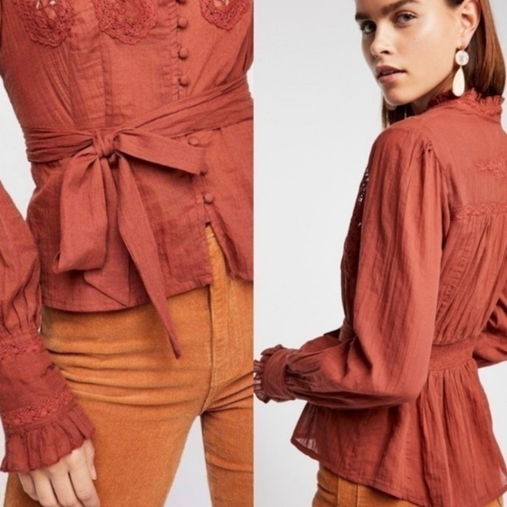 Free people Rust Button Down Sweet Memories Top Blouse  Sz Medium‎ - Picture 3 of 4